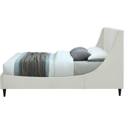 EvaCream-F Eva Collection Modern | Contemporary Velvet Upholstered Full Bed, Black Wood Legs, Deep Channel Tufting, Wing Back Headboard, 58.5" W x 81.5" D x 48" H, Cream, Full