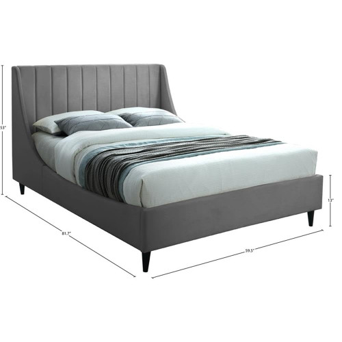 EvaGrey-F Eva Collection Modern | Contemporary Velvet Upholstered Full Bed, Black Wood Legs, Deep Channel Tufting, Wing Back Headboard, 58.5" W x 81.5" D x 48" H, Grey, Full