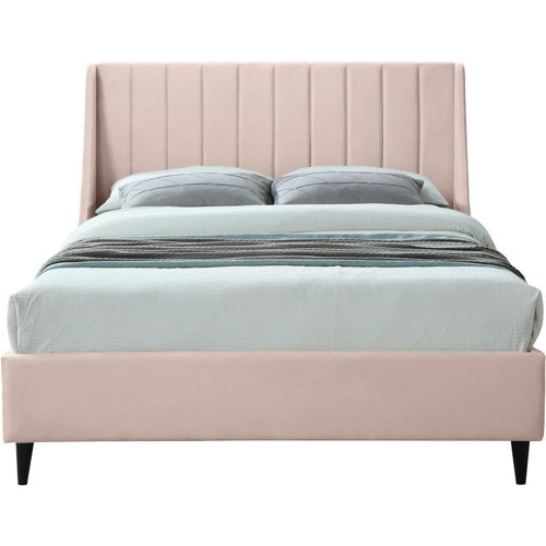 EvaPink-F Eva Collection Modern | Contemporary Velvet Upholstered Full Bed, Black Wood Legs, Deep Channel Tufting, Wing Back Headboard, 58.5" W x 81.5" D x 48" H, Pink, Full