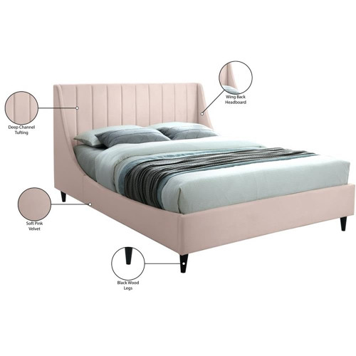 EvaPink-F Eva Collection Modern | Contemporary Velvet Upholstered Full Bed, Black Wood Legs, Deep Channel Tufting, Wing Back Headboard, 58.5" W x 81.5" D x 48" H, Pink, Full