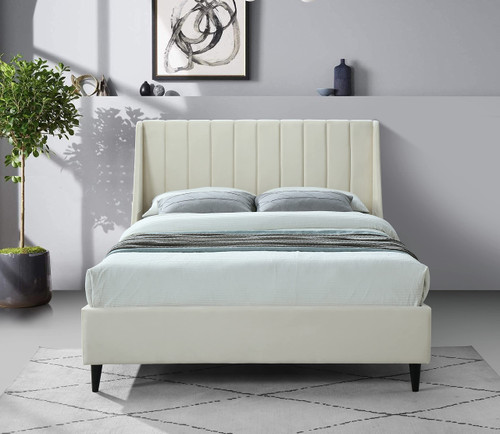 EvaCream-Q Eva Collection Modern | Contemporary Velvet Upholstered Queen, Black Wood Legs, Deep Channel Tufting, Wing Back Headboard, 64.5" W x 87" D x 48" H, Cream, Queen
