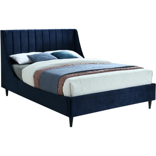 EvaNavy-Q Eva Collection Modern | Contemporary Velvet Upholstered Queen Bed, Black Wood Legs, Deep Channel Tufting, Wing Back Headboard, 64.5" W x 87" D x 48" H, Navy, Queen