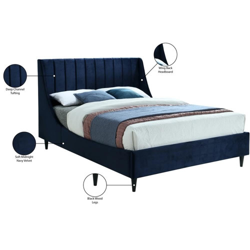 EvaNavy-Q Eva Collection Modern | Contemporary Velvet Upholstered Queen Bed, Black Wood Legs, Deep Channel Tufting, Wing Back Headboard, 64.5" W x 87" D x 48" H, Navy, Queen