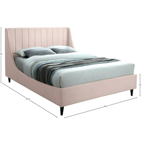 EvaPink-K Eva Collection Modern | Contemporary Velvet Upholstered King Bed, Black Wood Legs, Deep Channel Tufting, Wing Back Headboard, 80" W x 87" D x 48" H, Pink, King