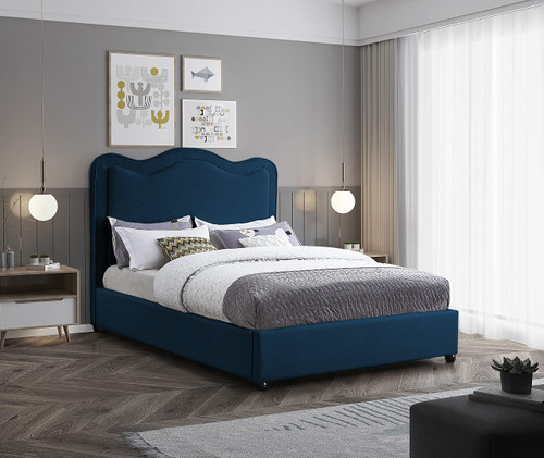 FelixNavy-F Felix Collection Modern | Contemporary Linen Textured Fabric Upholstered Bed with Curved Headboard and Espresso Wood Legs, 59.5" W x 81" D x 55.5" H, Navy, Full