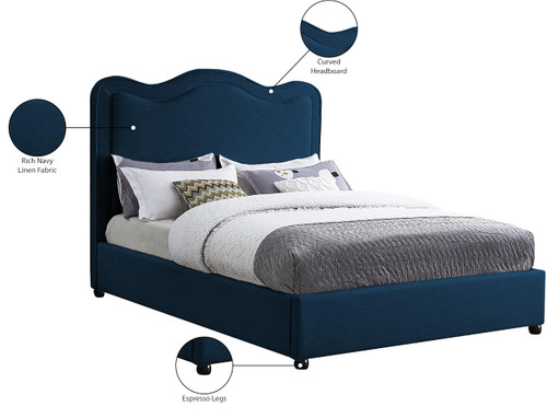 FelixNavy-F Felix Collection Modern | Contemporary Linen Textured Fabric Upholstered Bed with Curved Headboard and Espresso Wood Legs, 59.5" W x 81" D x 55.5" H, Navy, Full