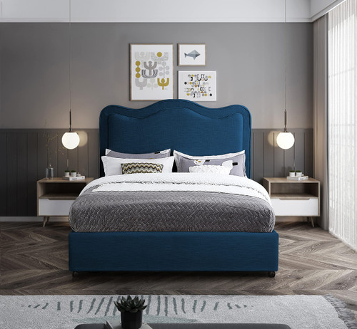 FelixNavy-K Felix Collection Modern | Contemporary Linen Textured Fabric Upholstered Bed with Curved Headboard and Espresso Wood Legs, 86" W x 81" D x 57" H, Navy, King
