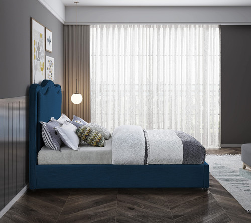 FelixNavy-K Felix Collection Modern | Contemporary Linen Textured Fabric Upholstered Bed with Curved Headboard and Espresso Wood Legs, 86" W x 81" D x 57" H, Navy, King