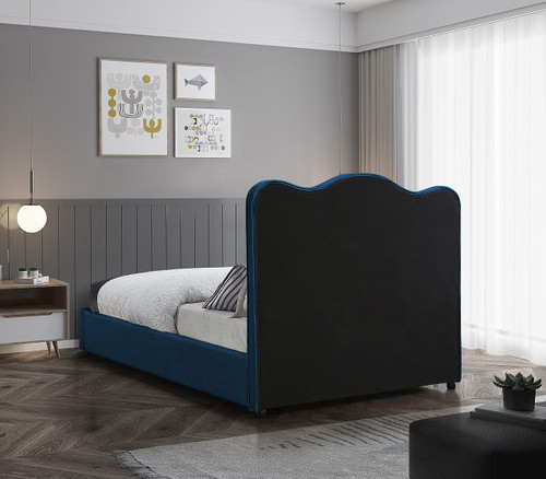 FelixNavy-K Felix Collection Modern | Contemporary Linen Textured Fabric Upholstered Bed with Curved Headboard and Espresso Wood Legs, 86" W x 81" D x 57" H, Navy, King