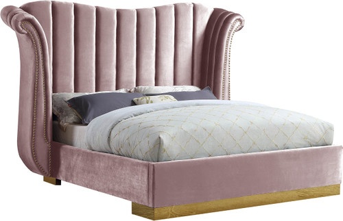 Flora Collection Modern | Contemporary Velvet Upholstered Bed Nailheads, Deep Channel Tufting and Gold Metal Base, Queen, Pink