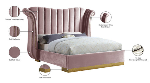 Flora Collection Modern | Contemporary Velvet Upholstered Bed Nailheads, Deep Channel Tufting and Gold Metal Base, Queen, Pink