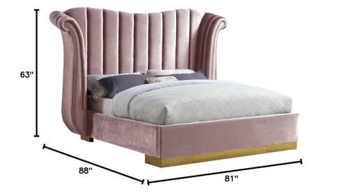 Flora Collection Modern | Contemporary Velvet Upholstered Bed Nailheads, Deep Channel Tufting and Gold Metal Base, Queen, Pink