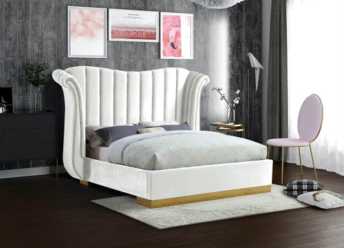 Flora Collection Modern | Contemporary Velvet Upholstered Bed Nailheads, Deep Channel Tufting and Gold Metal Base, Queen, White