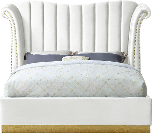 Flora Collection Modern | Contemporary Velvet Upholstered Bed Nailheads, Deep Channel Tufting and Gold Metal Base, Queen, White