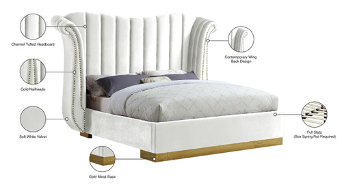 Flora Collection Modern | Contemporary Velvet Upholstered Bed Nailheads, Deep Channel Tufting and Gold Metal Base, Queen, White