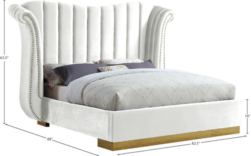Flora Collection Modern | Contemporary Velvet Upholstered Bed Nailheads, Deep Channel Tufting and Gold Metal Base, Queen, White