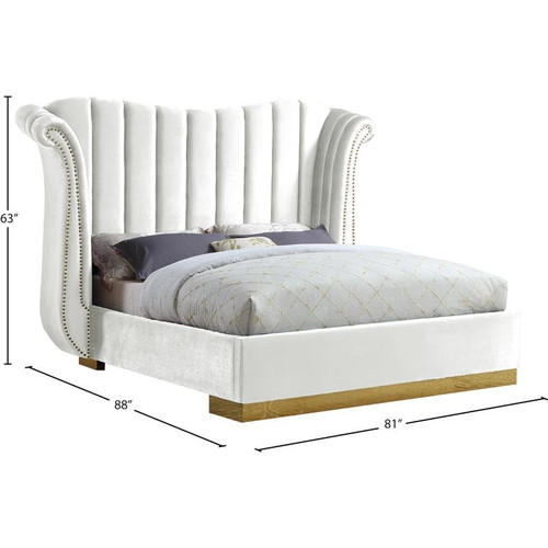Flora Collection Modern | Contemporary Velvet Upholstered Bed Nailheads, Deep Channel Tufting and Gold Metal Base, Queen, White