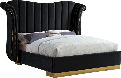 Flora Collection Modern | Contemporary Velvet Upholstered Bed Nailheads, Deep Channel Tufting and Gold Metal Base, King, Black