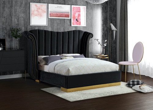 Flora Collection Modern | Contemporary Velvet Upholstered Bed Nailheads, Deep Channel Tufting and Gold Metal Base, King, Black