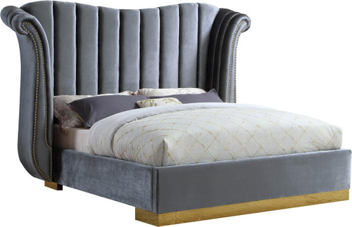 Flora Collection Modern | Contemporary Velvet Upholstered Bed Nailheads, Deep Channel Tufting and Gold Metal Base, King, Gray