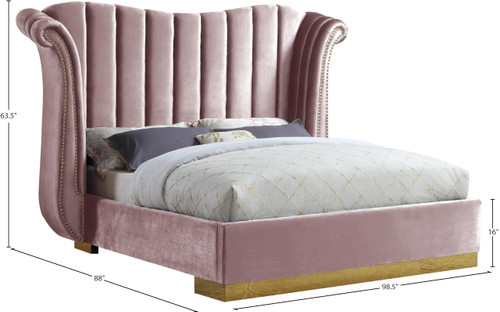 Flora Collection Modern | Contemporary Velvet Upholstered Bed Nailheads, Deep Channel Tufting and Gold Metal Base, King, Pink
