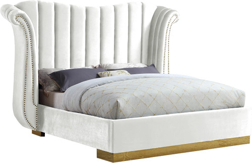 Flora Collection Modern | Contemporary Velvet Upholstered Bed Nailheads, Deep Channel Tufting and Gold Metal Base, King, White