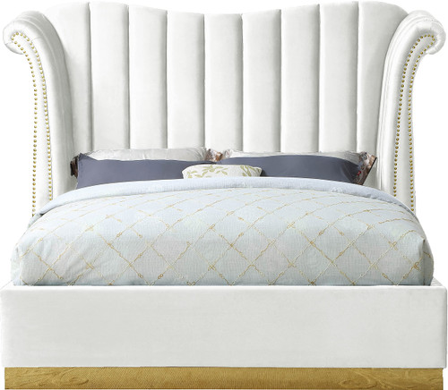 Flora Collection Modern | Contemporary Velvet Upholstered Bed Nailheads, Deep Channel Tufting and Gold Metal Base, King, White