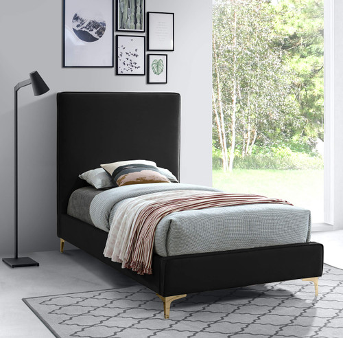 GeriBlack-T Geri Collection Modern | Contemporary Velvet Upholstered Bed with Piping on Headboard and Foorboard, Gold or Chrome Finish, 44" W x 81.75" D x 53" H, Twin, Black