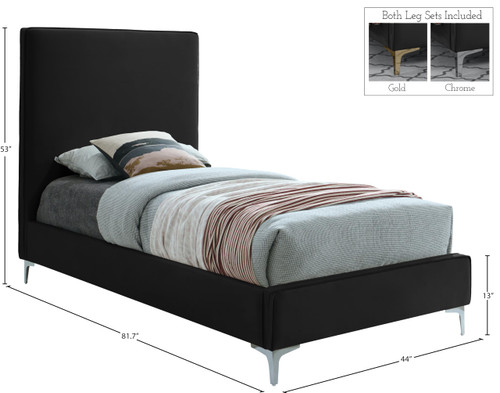 GeriBlack-T Geri Collection Modern | Contemporary Velvet Upholstered Bed with Piping on Headboard and Foorboard, Gold or Chrome Finish, 44" W x 81.75" D x 53" H, Twin, Black