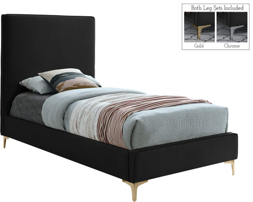 GeriBlack-T Geri Collection Modern | Contemporary Velvet Upholstered Bed with Piping on Headboard and Foorboard, Gold or Chrome Finish, 44" W x 81.75" D x 53" H, Twin, Black