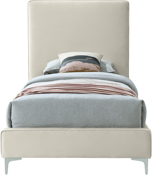 Geri Collection Modern | Contemporary Velvet Upholstered Bed with Piping on Headboard and Foorboard in Gold or Chrome Finish, Twin, Cream