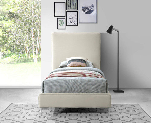 Geri Collection Modern | Contemporary Velvet Upholstered Bed with Piping on Headboard and Foorboard in Gold or Chrome Finish, Twin, Cream