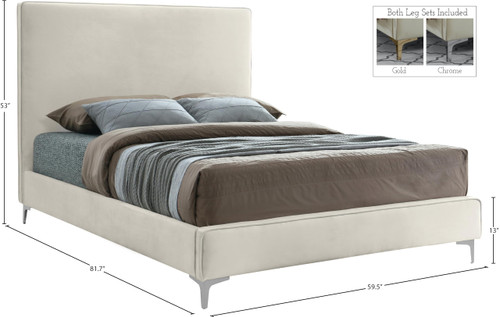 Geri Collection Modern | Contemporary Velvet Upholstered Bed with Piping on Headboard and Foorboard in Gold or Chrome Finish, Full, Cream