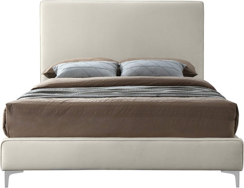 Geri Collection Modern | Contemporary Velvet Upholstered Bed with Piping on Headboard and Foorboard in Gold or Chrome Finish, Full, Cream