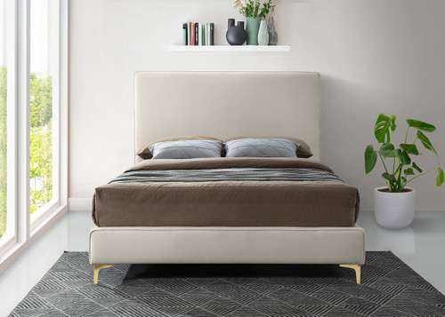 Geri Collection Modern | Contemporary Velvet Upholstered Bed with Piping on Headboard and Foorboard in Gold or Chrome Finish, Full, Cream