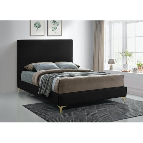 GeriBlack-Q Geri Collection Modern | Contemporary Velvet Upholstered Bed with Piping on Headboard and Foorboard, Gold or Chrome Finish, 65.5" W x 87.2" D x 53" H, Queen, Black