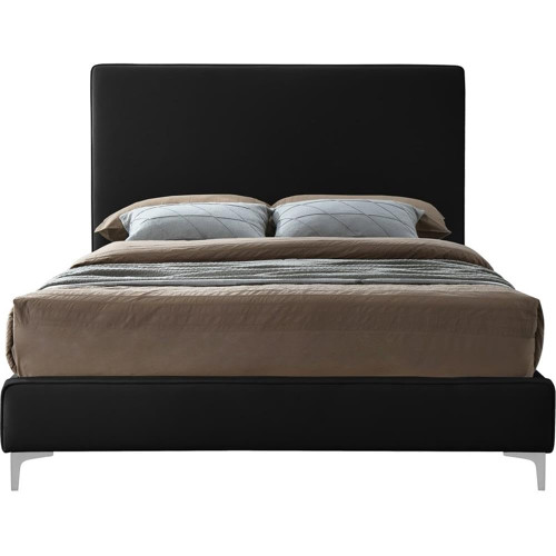 GeriBlack-Q Geri Collection Modern | Contemporary Velvet Upholstered Bed with Piping on Headboard and Foorboard, Gold or Chrome Finish, 65.5" W x 87.2" D x 53" H, Queen, Black