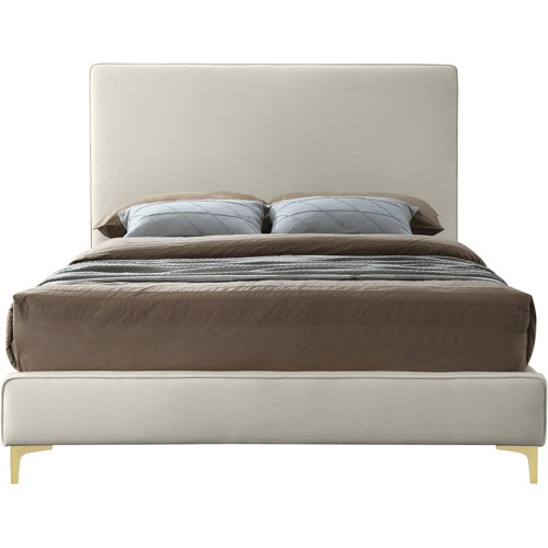 Geri Collection Modern | Contemporary Velvet Upholstered Bed with Piping on Headboard and Foorboard in Gold or Chrome Finish, King, Cream