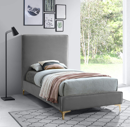 GeriGrey-T Geri Collection Modern | Contemporary Velvet Upholstered Bed with Piping on Headboard and Foorboard, Gold or Chrome Finish, 44" W x 81.75" D x 53" H, Twin, Grey