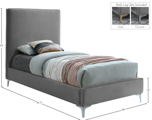GeriGrey-T Geri Collection Modern | Contemporary Velvet Upholstered Bed with Piping on Headboard and Foorboard, Gold or Chrome Finish, 44" W x 81.75" D x 53" H, Twin, Grey