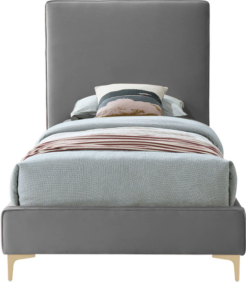 GeriGrey-T Geri Collection Modern | Contemporary Velvet Upholstered Bed with Piping on Headboard and Foorboard, Gold or Chrome Finish, 44" W x 81.75" D x 53" H, Twin, Grey