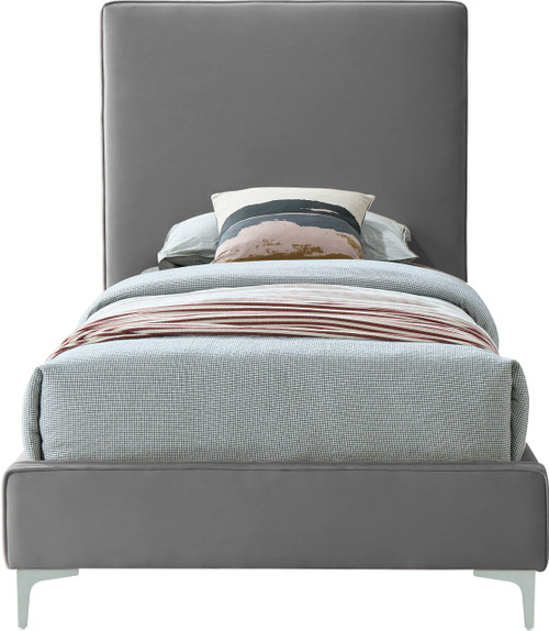 GeriGrey-T Geri Collection Modern | Contemporary Velvet Upholstered Bed with Piping on Headboard and Foorboard, Gold or Chrome Finish, 44" W x 81.75" D x 53" H, Twin, Grey