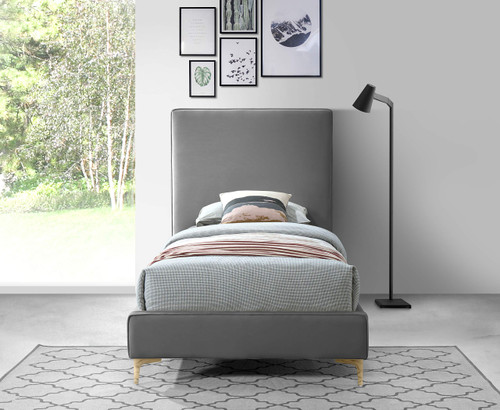 GeriGrey-T Geri Collection Modern | Contemporary Velvet Upholstered Bed with Piping on Headboard and Foorboard, Gold or Chrome Finish, 44" W x 81.75" D x 53" H, Twin, Grey