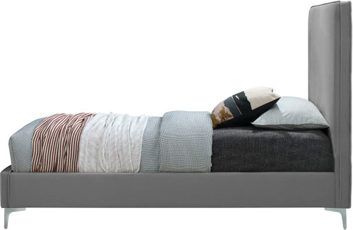 GeriGrey-T Geri Collection Modern | Contemporary Velvet Upholstered Bed with Piping on Headboard and Foorboard, Gold or Chrome Finish, 44" W x 81.75" D x 53" H, Twin, Grey
