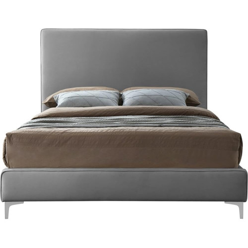 GeriGrey-Q Geri Collection Modern | Contemporary Velvet Upholstered Bed with Piping on Headboard and Foorboard, Gold or Chrome Finish, 65.5" W x 87.25" D x 53" H, Queen, Grey