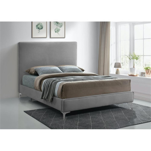 GeriGrey-K Geri Collection Modern | Contemporary Velvet Upholstered Bed with Piping on Headboard and Foorboard, Gold or Chrome Finish, 81.5" W x 87.2" D x 53" H, Grey, King