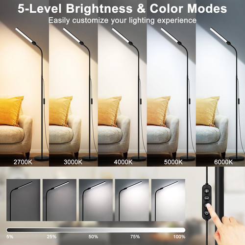 LED Floor Lamp, 18W/2000LM Bright Reading Floor Lamp for Office with Double Head, Adjustable Gooseneck Dimmable Modern Standing Light for Lash Extension Craft, Eye Caring Floor Lamps for Living Room