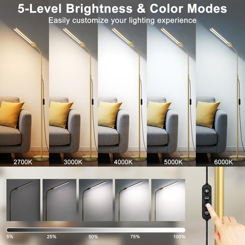 Gold Floor Lamp, 18W/2000LM Bright LED Floor Lamp for Living Room Office, Adjustable Gooseneck Dimmable Standing Task Lamp for Reading, Study, Arts, Eye Caring Craft Light for Sewing Tatoo Puzzle