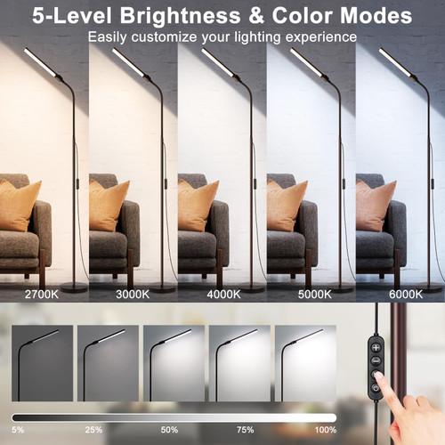 Floor Lamp, 18W/2000LM Bright LED Floor Lamp with Double Head, Adjustable Gooseneck Dimmable Craft Light for Sewing Tatoo Makeup, Eye Caring Brown Reading Floor Lamps for Living Room Bedroom Office