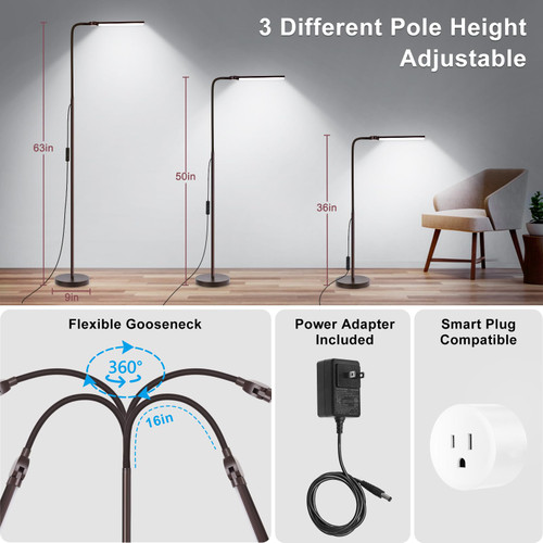 Floor Lamp, 18W/2000LM Bright LED Floor Lamp with Double Head, Adjustable Gooseneck Dimmable Craft Light for Sewing Tatoo Makeup, Eye Caring Brown Reading Floor Lamps for Living Room Bedroom Office